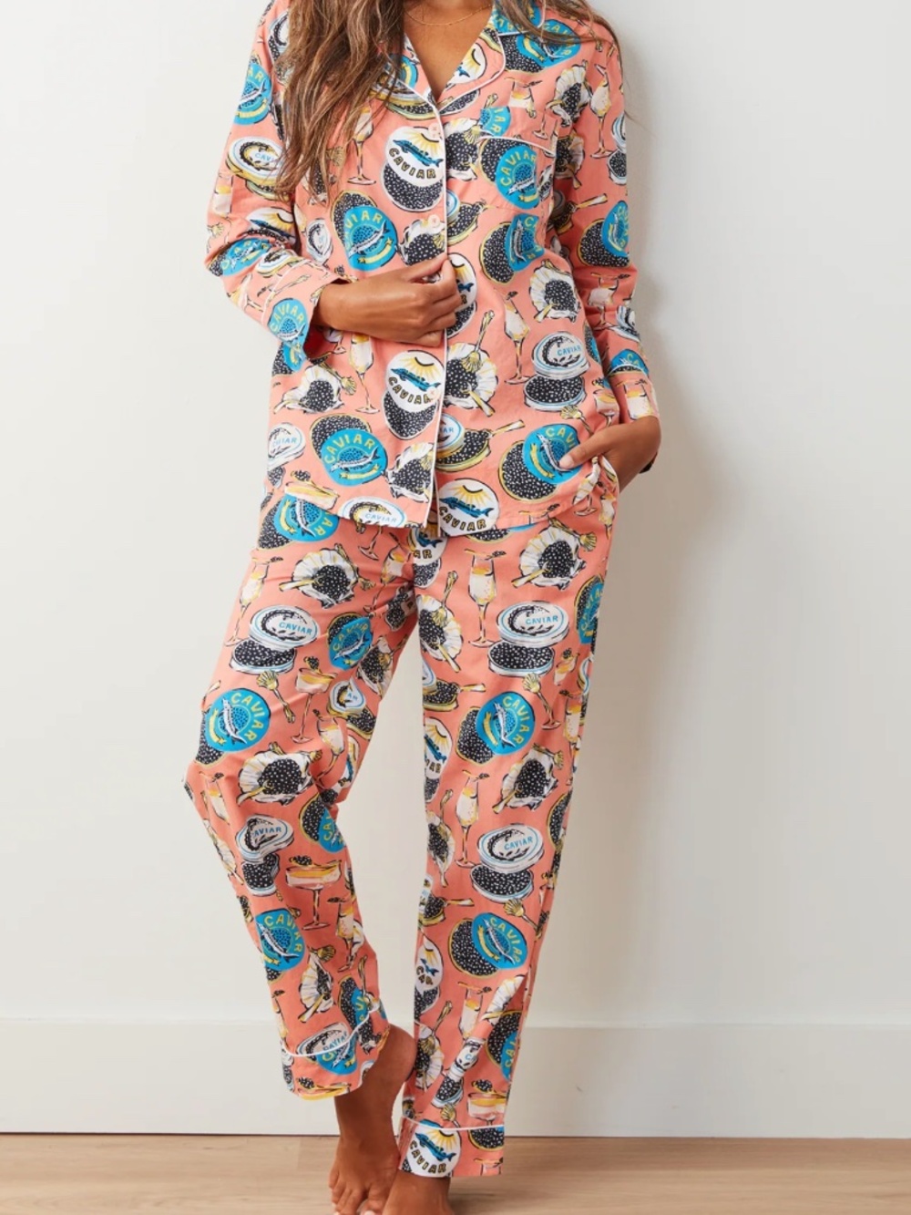 Printfresh Long PJ Set in Champagne & Caviar in Size Large